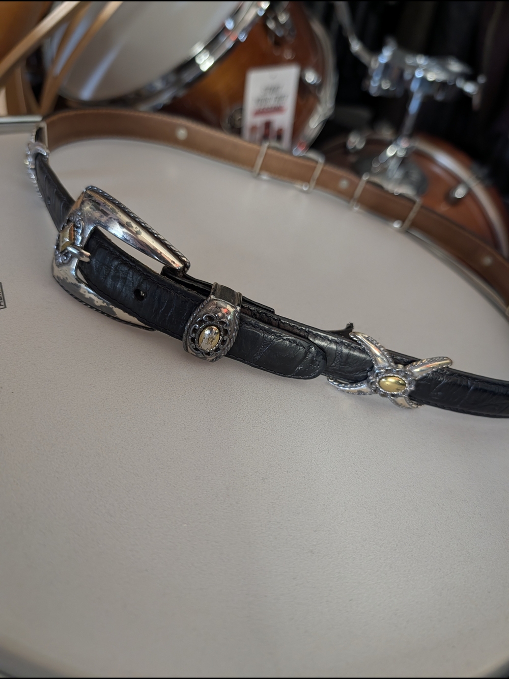 Brighton VTG Embellished Bedazzled Black Leather Belt with Silver & Gold Accents